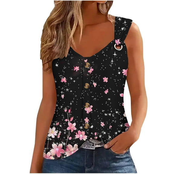 DeHolifer Tank Tops for Women Summer V-Neck Button Floral Printed Sleeveless Blouse Loose Lightweight Tank Tops Black S
