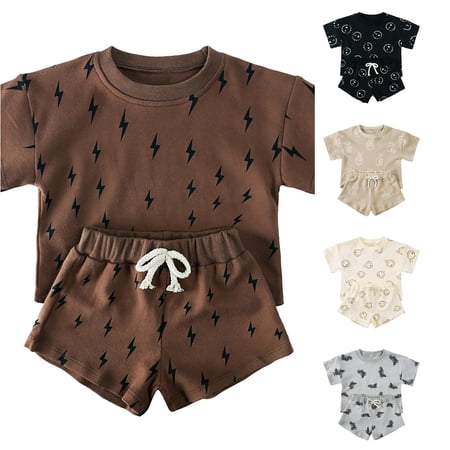 Huowey Toddler Kids Baby Clothes Sets Cute Cartoon Short Sleeve Round Neck T Shirt Shorts Fashionable Summer Short Outfits Lightweight Holiday Beach Relaxed Outdoor Playwear 6-12 Months