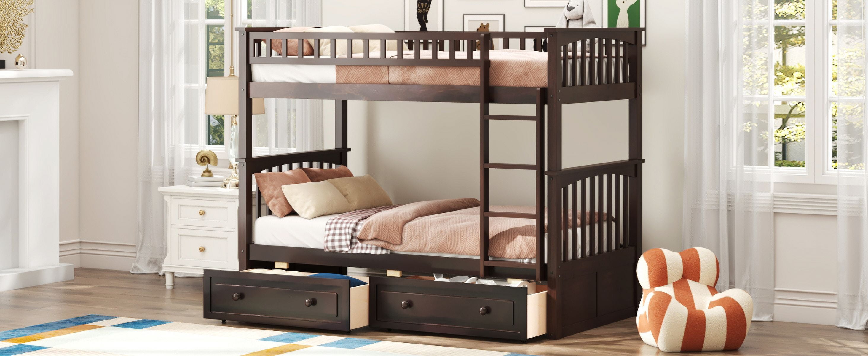 MAYEERTY Twin over Twin Bunk Bed with Drawers, Convertible Beds, Espresso