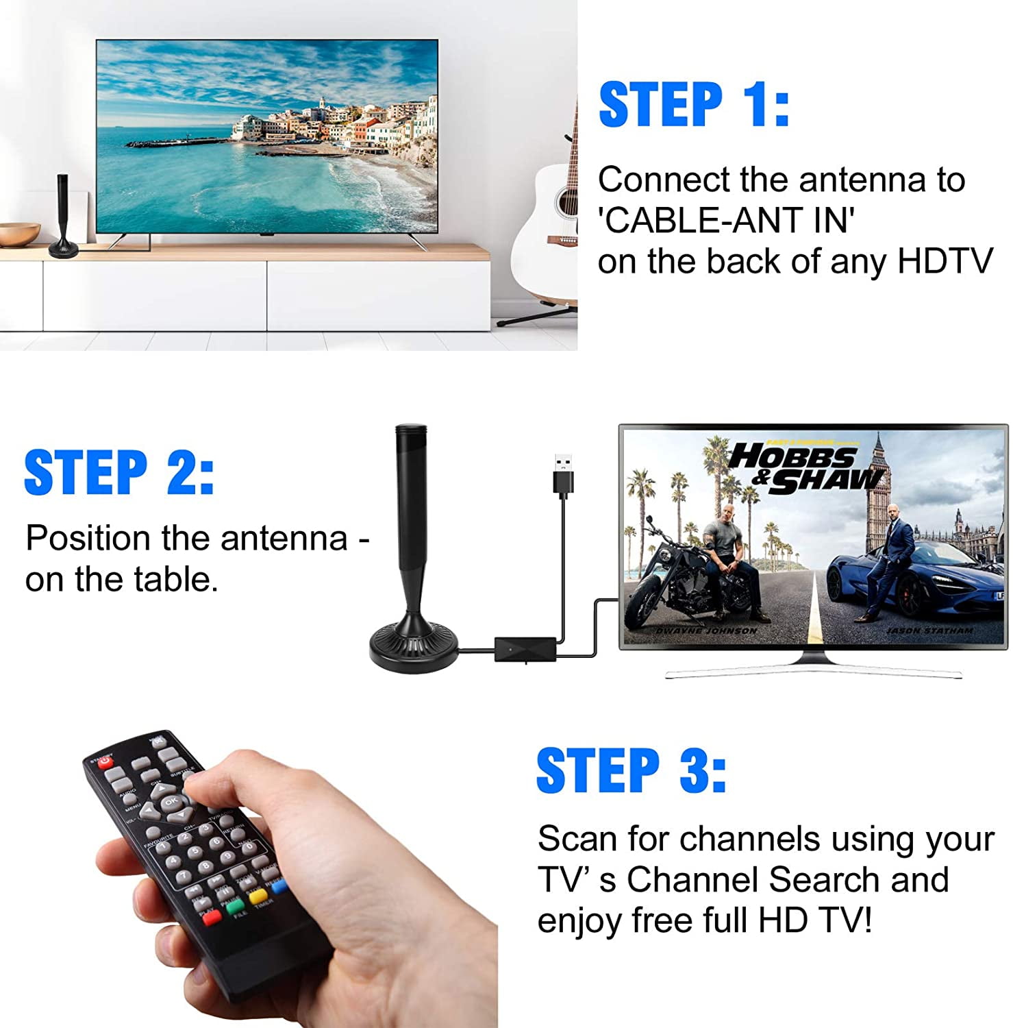 Camkey HDTV Antenna 4K 1080P Resolution, 90-120 Miles Range, HDTV, VHF UHF Channels with Amplifier Signal Booster - 16.4 FT Premium Coaxial Cable