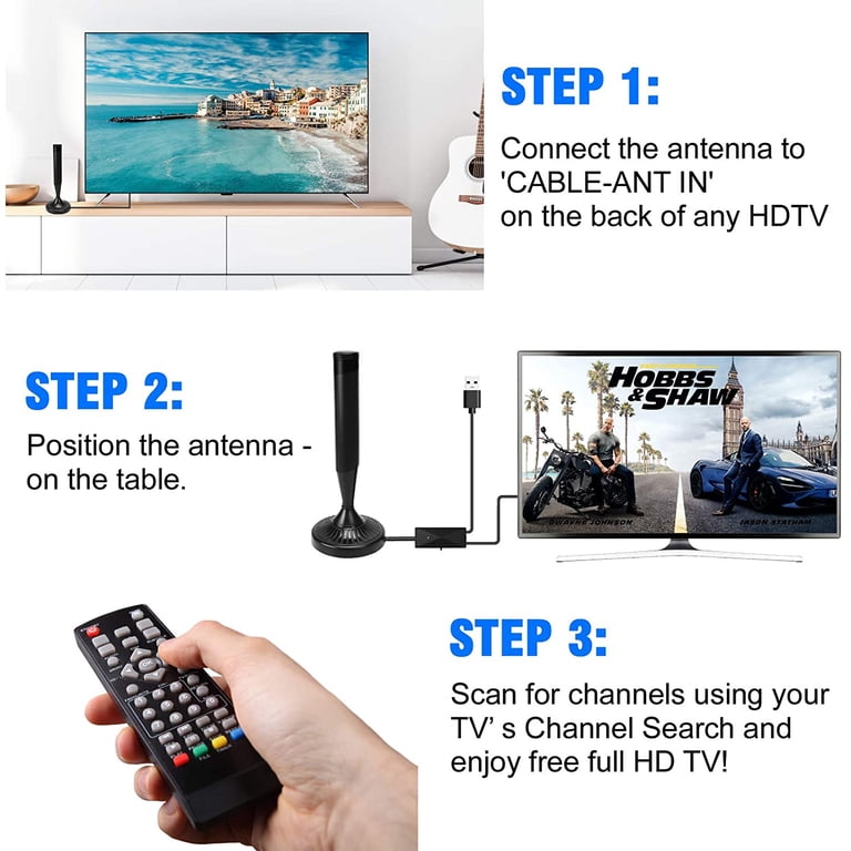 Antenne TV Intérieur Bqeel - Amplifiée 120 Miles - 4K/1080p - Câble 3,7m - TNT HD
