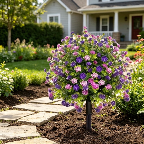 2 Pcs Artificial Flower Garden Ground Bouquet Outdoor Patio Planter Bed Floral Decor Weather Resistant Faux Flowers for Balcony Porch Lawn Courtyard Seasonal Home Decor for Spring Yard Pathway Decor