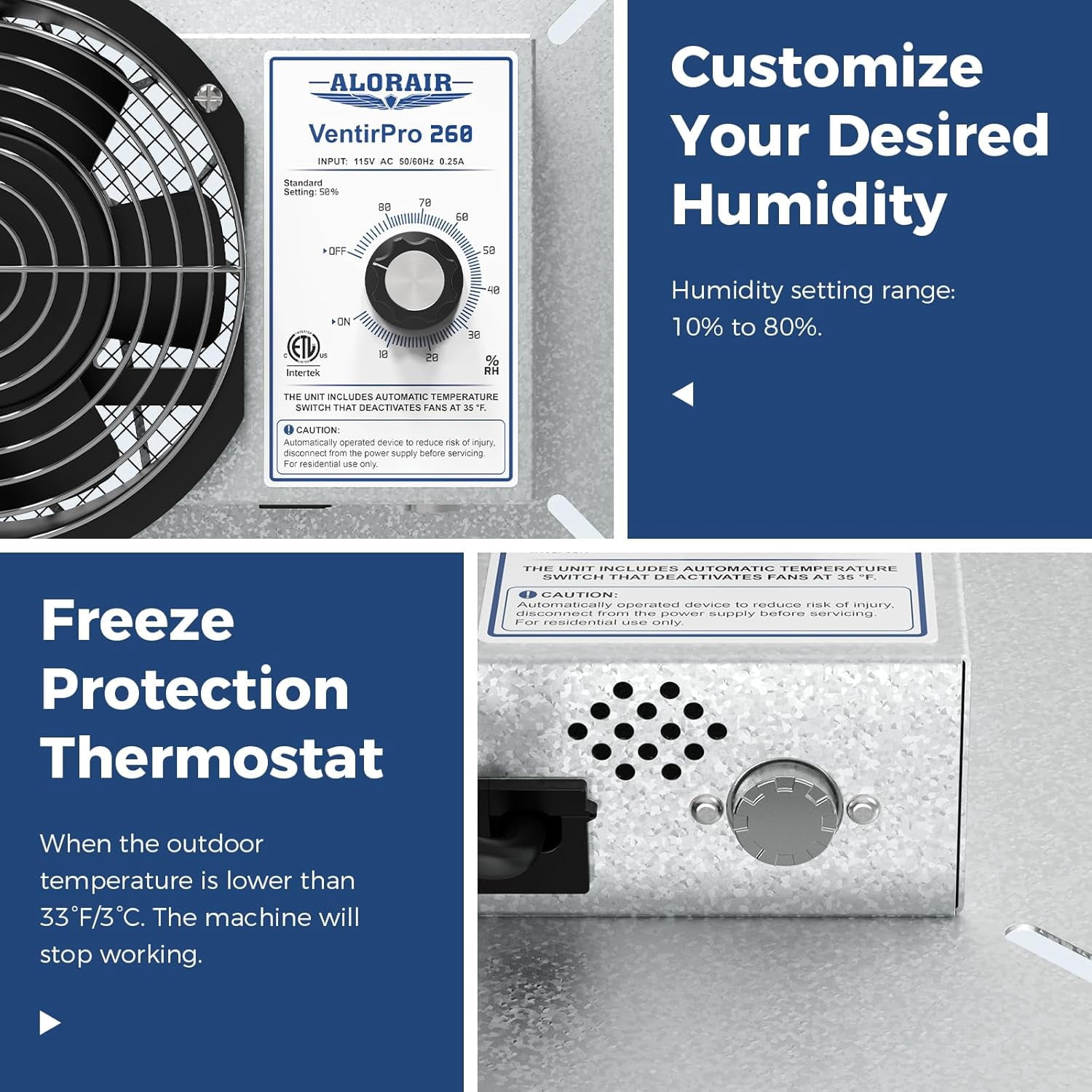 ALORAIR 260CFM Crawl Space Ventilator Fan, 6.7 Inch Basement Vent Fan with Humidistat & Thermostat, IP-55 Rated Isolation Mesh for Crawlspace, Garage, Attic, Exhaust