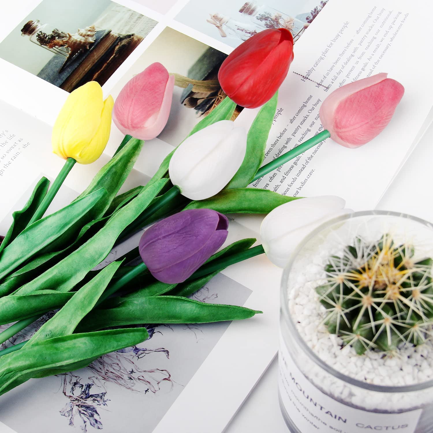HAOSHICS 30pcs Artificial Tulips Flowers Fake Latex Tulip Stems - Real Touch Faux Colorful,for Easter Spring Wedding Bouquet Centerpiece Floral Arrangement Wedding Table Decor (Multi-color02)