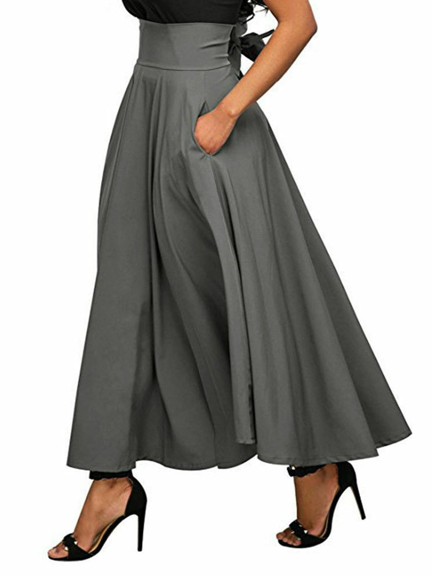 Long skirt maxi dress chiffon retro solid pleated swing high waist women flared