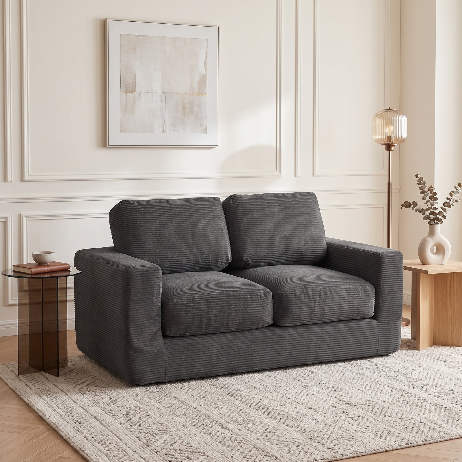 Furnibear 2-Seater Floor Couch Loveseat, Convertible Foam Sofa Lazy Couch with Removable Corduroy Cover, High-Density Sponge Filled Sofa Bed for Living Room, Black