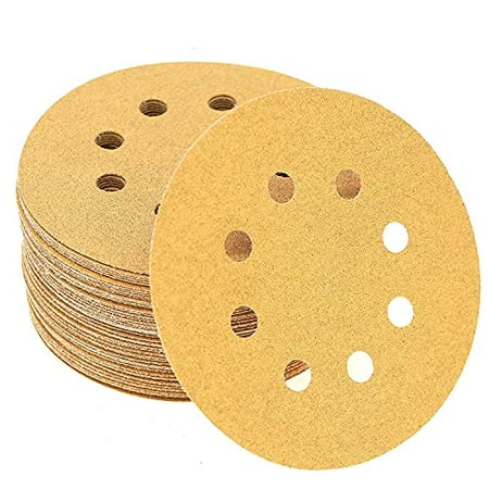 

Eco Edge 52PC 5-Inch Hook And Loop Premium Sanding Discs: Alumimum Oxide Premium Grade 5 8-Hole 100 Grit Gold Sandpaper Disc Fits Orbital Sander
