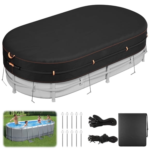 7X13 Ft Oval Pool Cover with Reflective Strips, Rectangle Swimming Pool Protector for Above Ground Pools, Solar Pool Cover with Drawstring, Luminous Ground Nails, PU Coated
