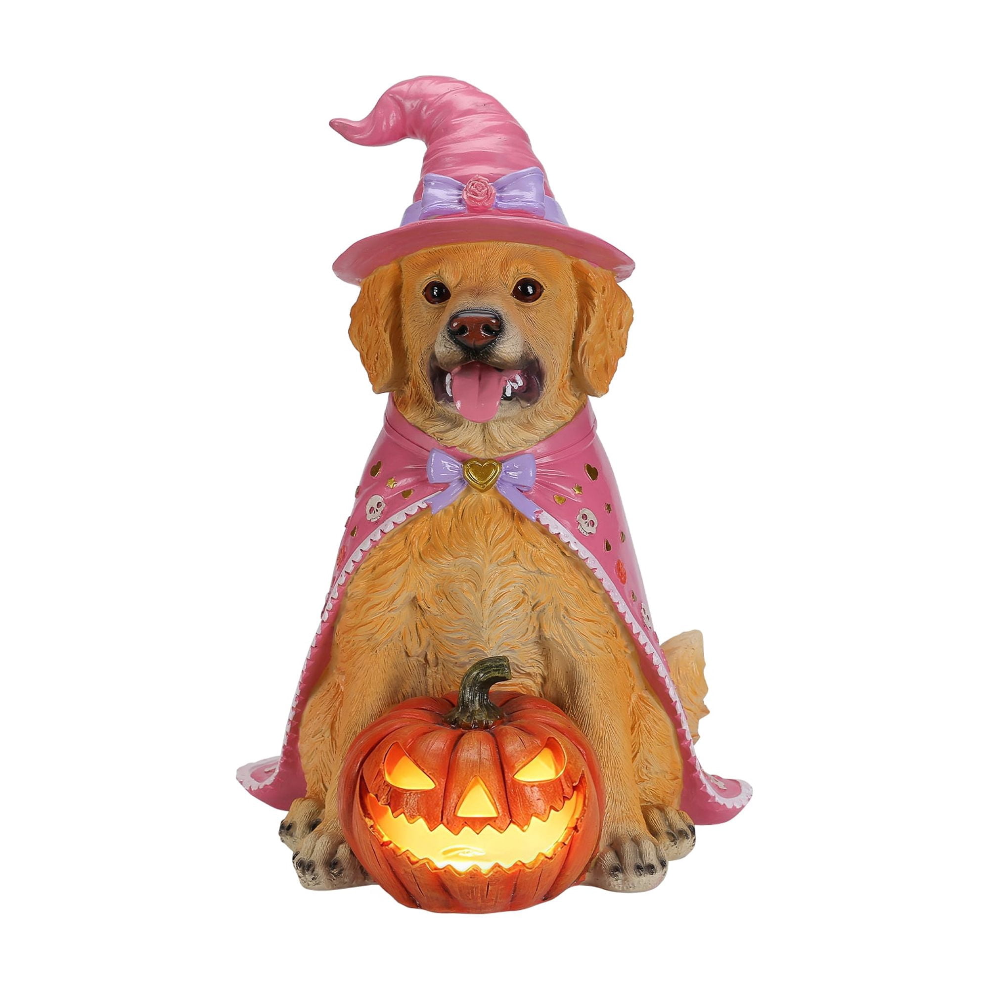 Golden Retriever Statue 19.69 Inch, Halloween Dog Figurine with Pink Witch Hat and LED Pumpkin, Large Sitting Dog Decor for Porch and Outdoor Display, Brown and Pink