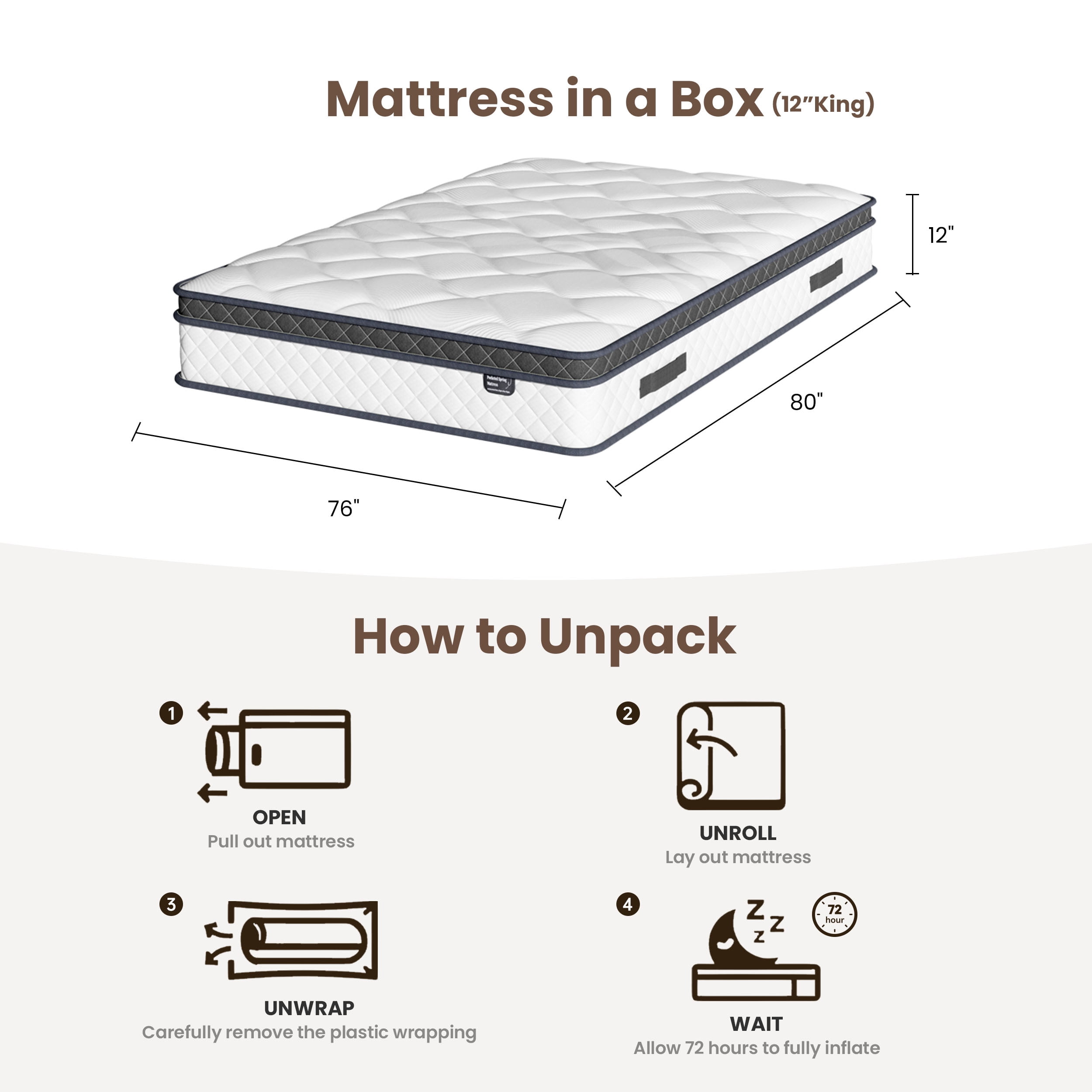 King Size Mattress, 12 Inch Hybrid Mattress in a Box, Memory Foam Pocket Coils Innerspring Mattresses, Fiberglass Free, Pressure Relief, Medium Firm