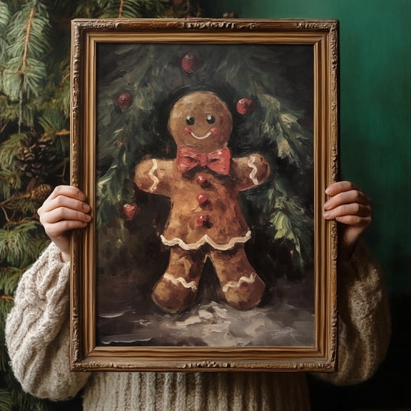 Gingerbread Cookie Wall Art Print With Christmas Winter Vintage Farmhouse Moody Decor