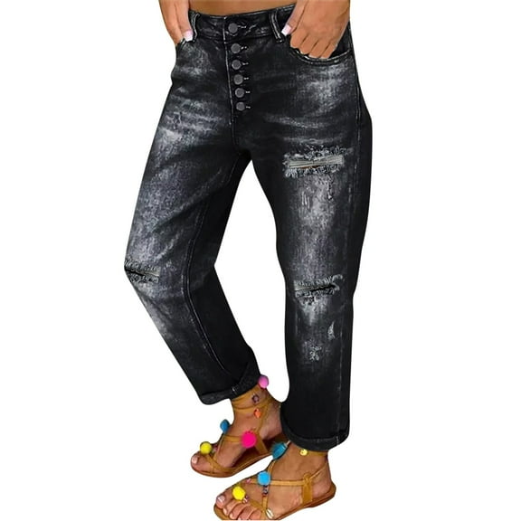 Fiaer,Jeans for Women Mid Waist Oversized Causal Baggy Barrel Denim Trousers Ripped Trendy Buttons Slacks with Pocket Black XXL
