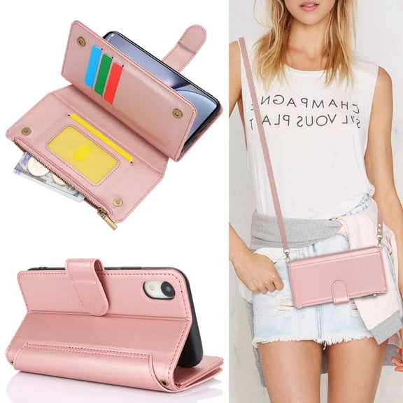 Allytechgroup Wallet Case for Apple iPhone XR,  Retro [1 Zipper Pocket   6 Cards Slots] Hand Wrist Shoulder Strap Stand Shockproof iPhone XR Cover Case for Girls Women, Rosegold