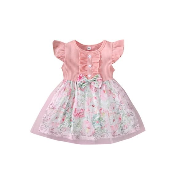 Seyurigaoka Baby Girl Flying Sleeve Dress, Round Neck Floral Pattern Patchwork Summer A-Line Dress, Two-Layer Hem Dress