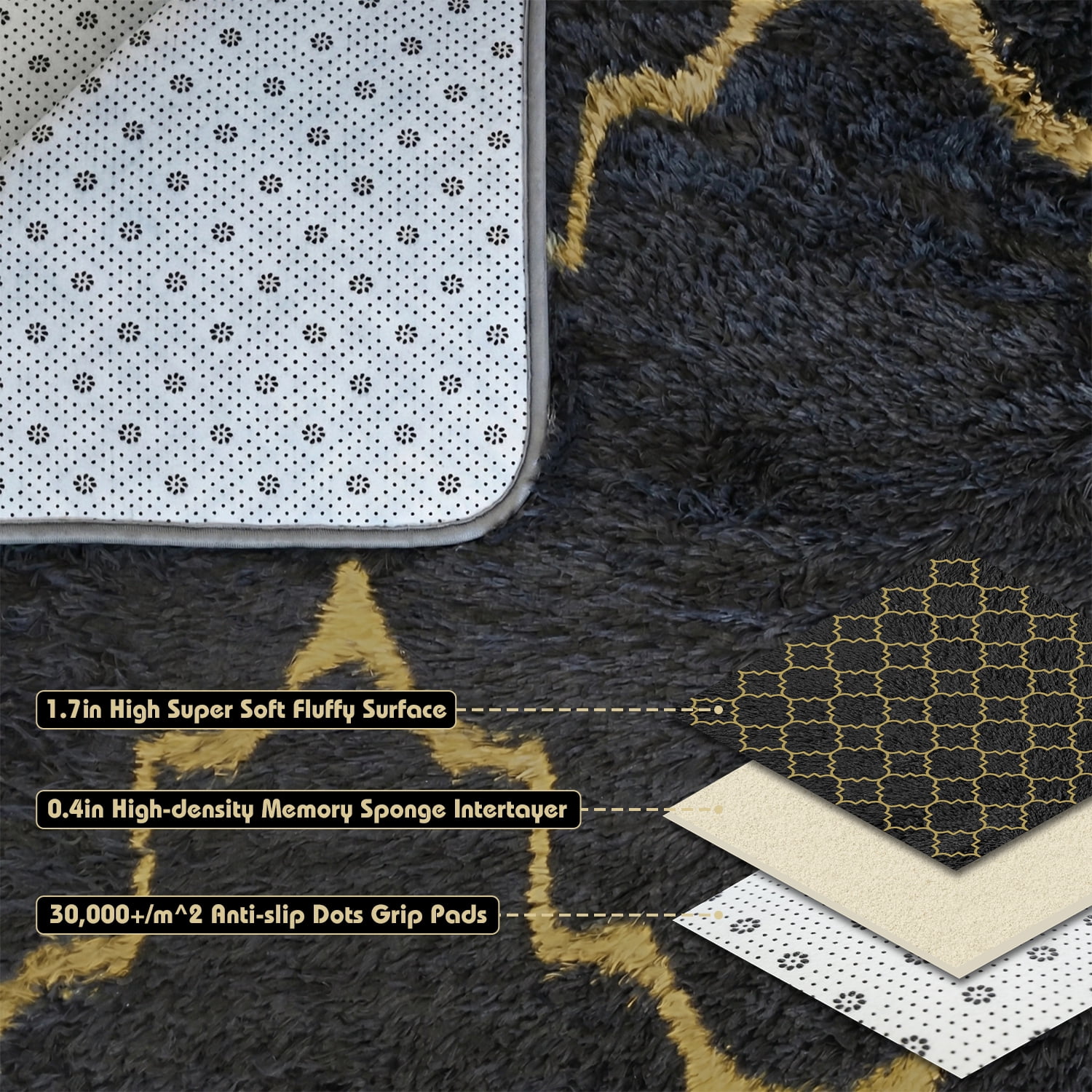 Pentantan Shag Area Rug, 8ft x 10ft Geometric Soft Fluffy Rugs for Living Room Bedroom Indoor Carpet, Black & Gold
