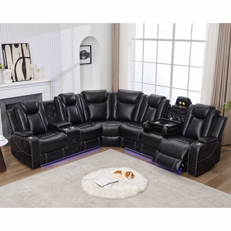 Black-071, variant on Comfort Stretch Power Reclining Sectional Couch with Bass Speaker,Wireless Charger,LED/Reading Light Black