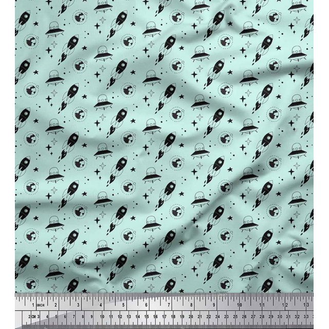 Soimoi Green Poly Georgette Fabric Rocket & Spaceship Galaxy Printed Craft Fabric by the Yard 52 Inch Wide