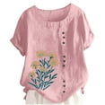 thumbnail image 2 of Mifsaly Summer Tops for Women Short Sleeve Linen Shirt Floral Print Lightweight Blouse Dressy Casual Button Down Tshirt L, 2 of 5
