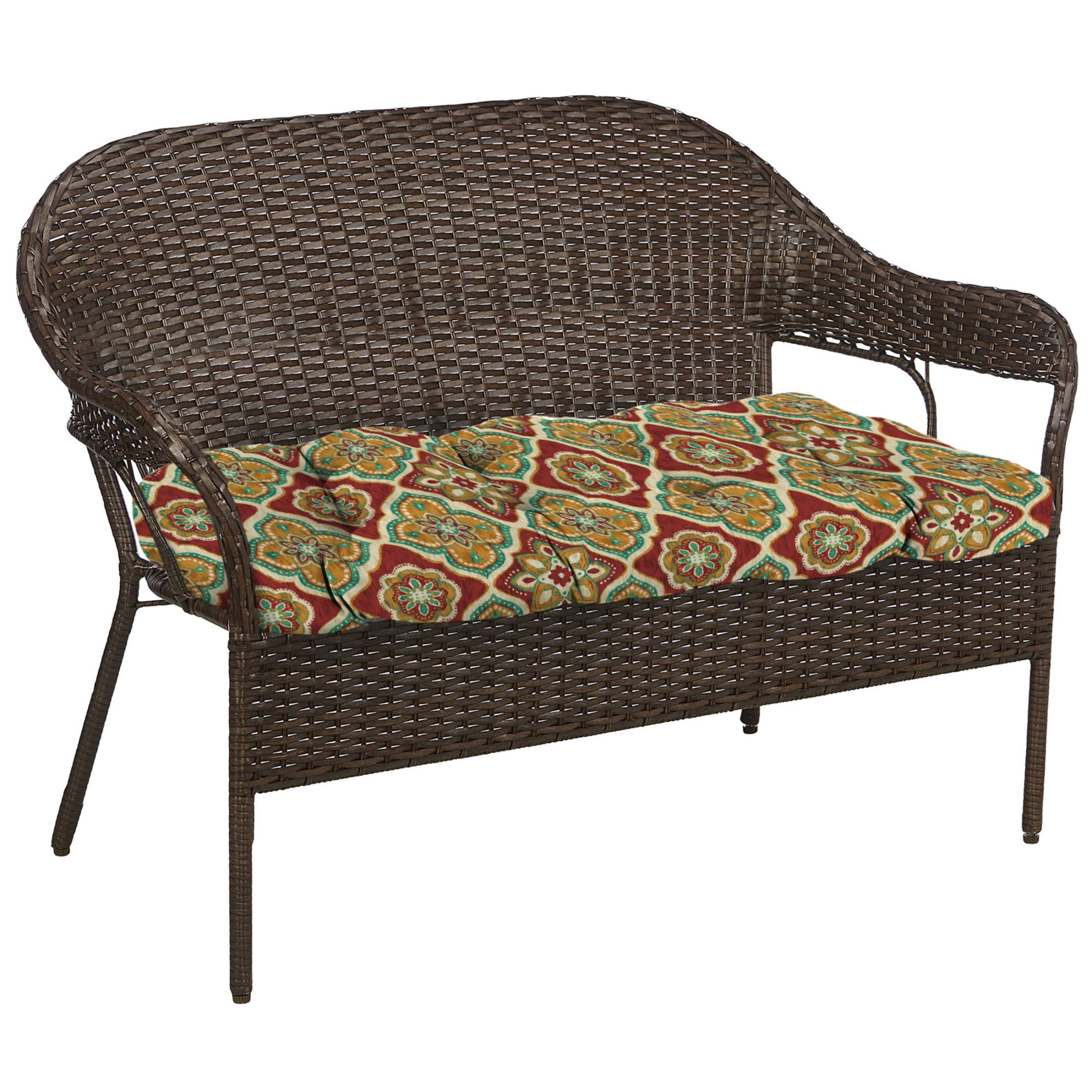 Jordan Manufacturing 44" x 18" Adonis Jewel Crimson Medallion Rectangular Tufted Contoured Outdoor Wicker Settee Bench Cushion