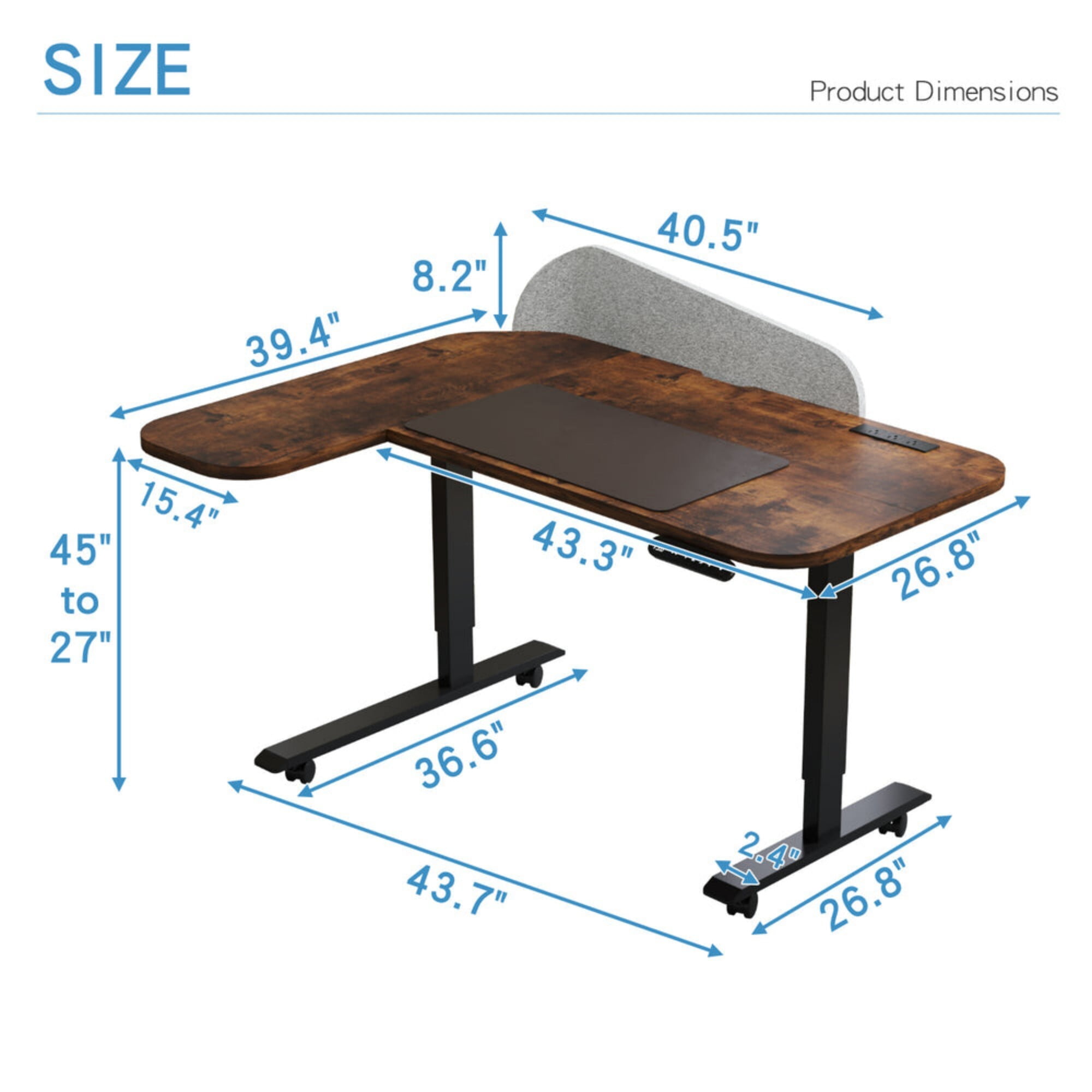 DEALTOPS 59" L-Shaped Electric Standing Desk with Power Strip, Height Adjustable Table with Mouse Pad, Rustic Brown