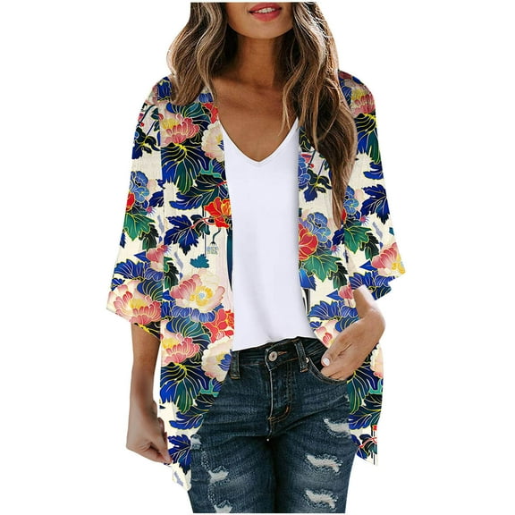 Kmdttou Women's Floral Print Puff Sleeve Cardigan Loose Cover Up Casual Blouse Tops Womens Fall Fashion