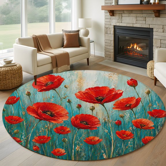 Red Flowers Round Area Rug 5ft, Teal Blossoms Garden Floral Branches Washable Non-Slip Circle Rugs for Bedroom Living Room Kitchen, Soft Low Pile Carpet for Dining Room Playroom Nursery