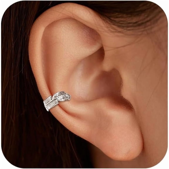 925 Sterling Silver Feather Ear Cuffs Non Piercing Earrings for Women Men Retro Vintage Animals Feather Cartilage Wrap Lightweight Earring Jewelry Birthday Gifts for Mom Daughter Boyfriend