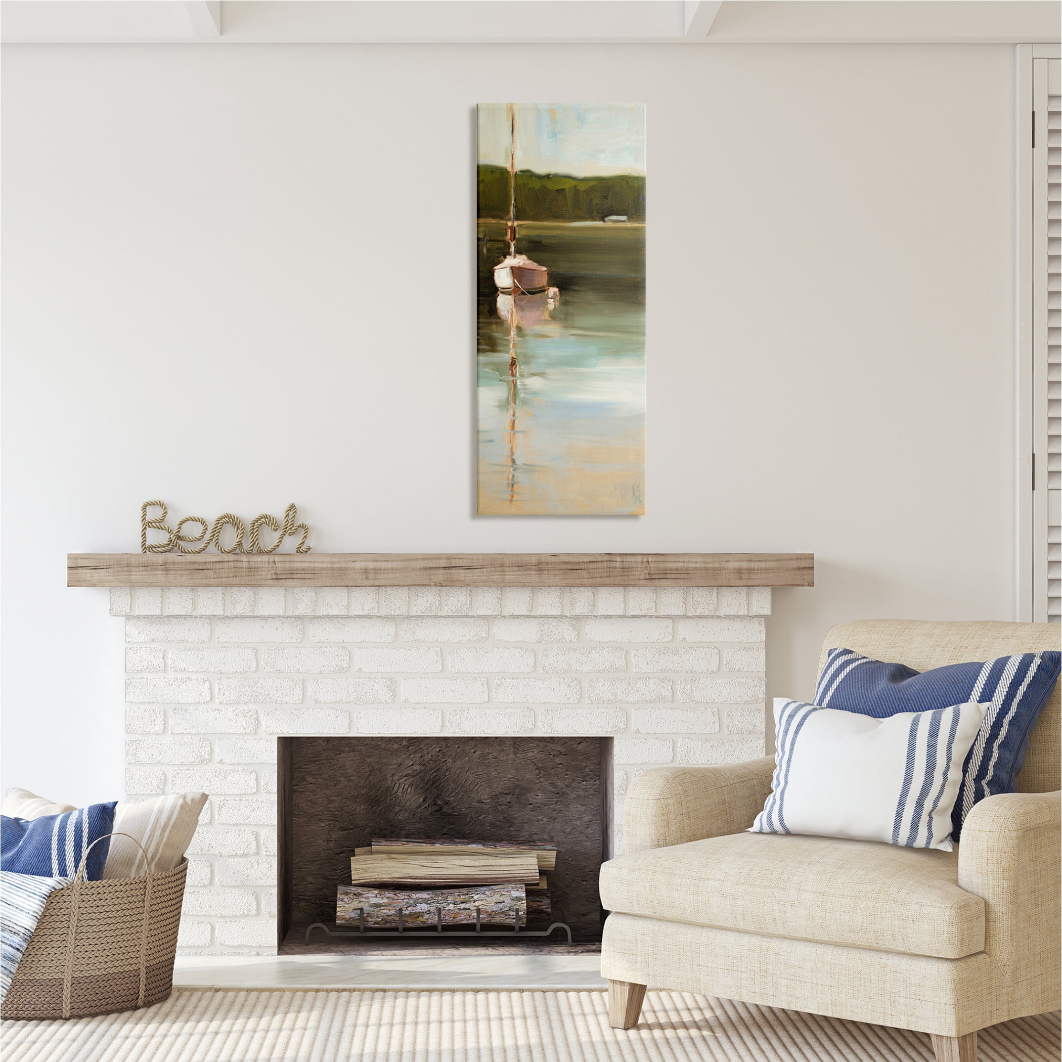 Stupell Industries Boat Reflection Painting Transportation Painting Gallery Wrapped Canvas Print Wall Art, 17 x 40