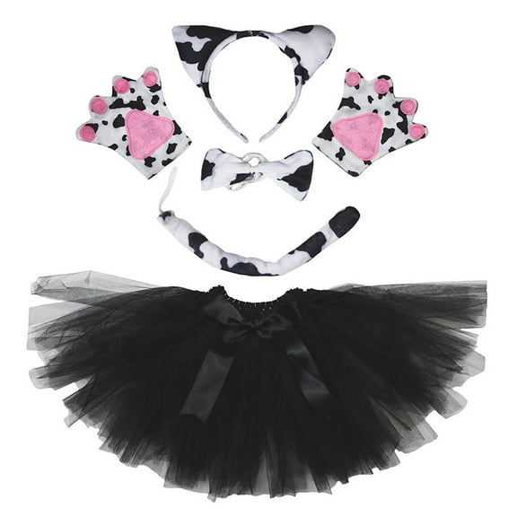 Petitebelle Milk Cow Headband Bowtie Tail Gloves Tutu 5pc Costume (Cow, 1-5 Years)