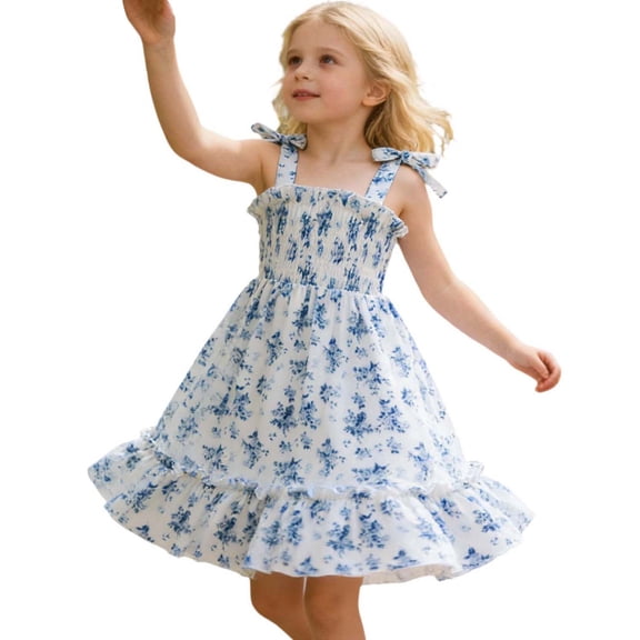 SonxaHe Dress for Toddler Girl Floral Prints Straps Smocked Chiffon Dresses Kids Summer Sleeveless Party Fashion Dress Blue,Size 2-7 Y