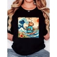 thumbnail image 1 of Women'S T-Shirt, "Surfing Kapibala" Print, Retro Minimalist Fashion, Round Neck, Casual Comfort, Sports Short Sleeve T-Shirt, 1 of 6