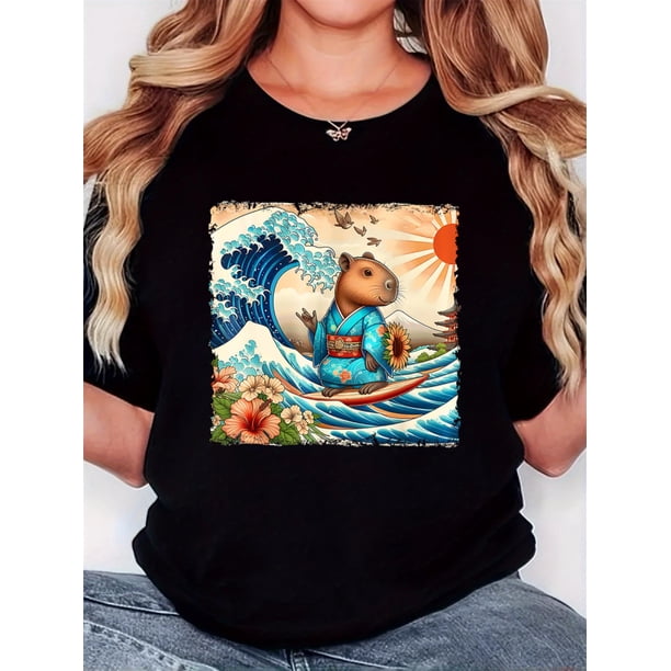 Women'S T-Shirt, "Surfing Kapibala" Print, Retro Minimalist Fashion, Round Neck, Casual Comfort, Sports Short Sleeve T-Shirt