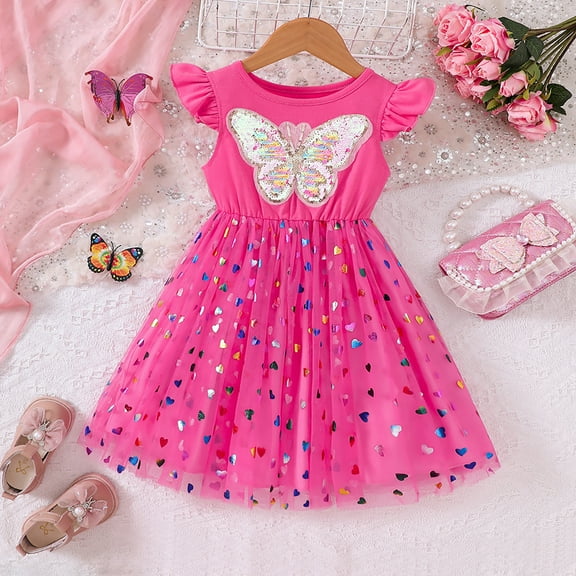 WOYY Toddler Girls Sequins Butterfly Hearts Dress Flutter Sleeves Mesh Dress, Sizes 2-7
