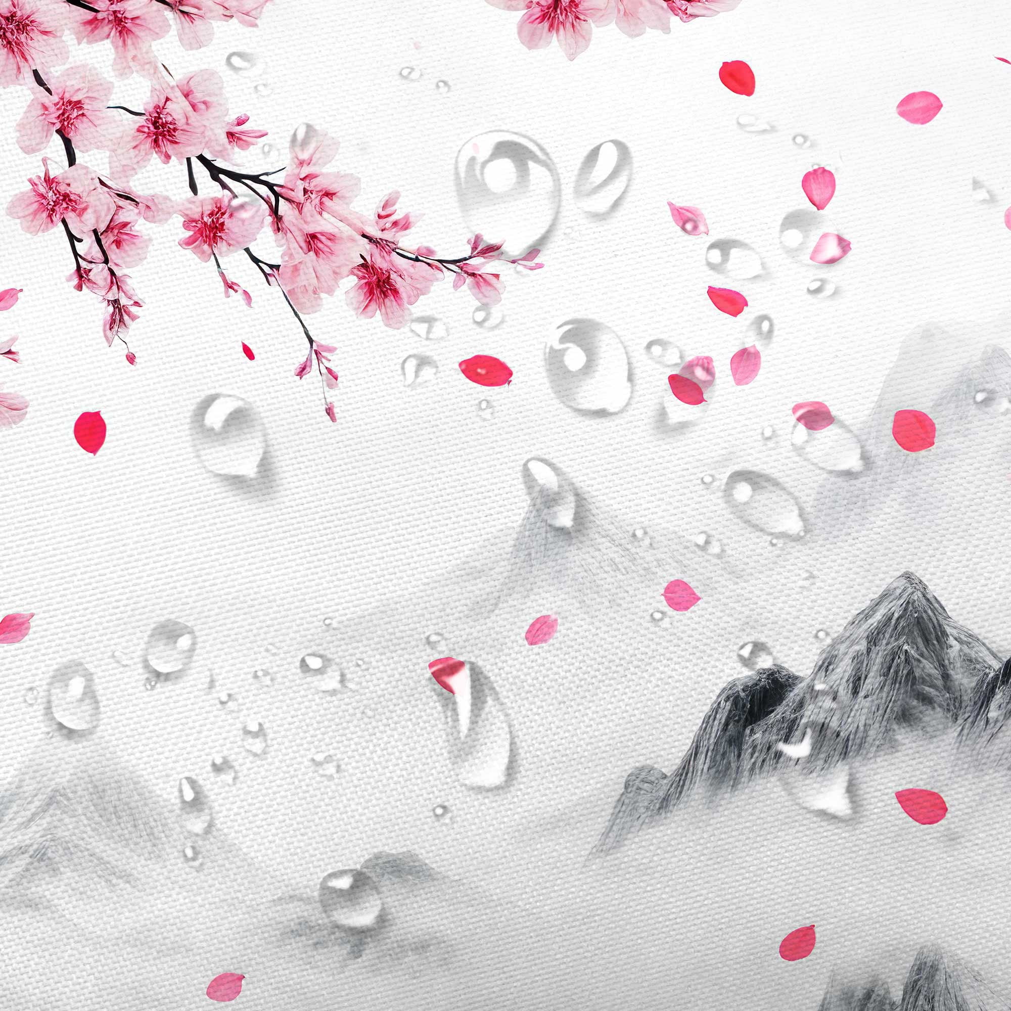 Cherry Blossom Shower Curtain, Japanese Asian Pink Floral Asian Mountain Bathroom Decor, Waterproof Cloth Fabric Bath Curtain with Hooks, 72X72in
