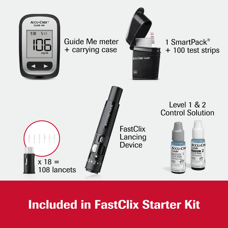 Accu-Chek FastClix Glucose Monitor Kit for Diabetic Blood Sugar Testing: Guide Me Meter, FastClix Lancing Device & 108 Lancets, 100 Guide Test Strips, and Control Solution (Packaging May Vary)
