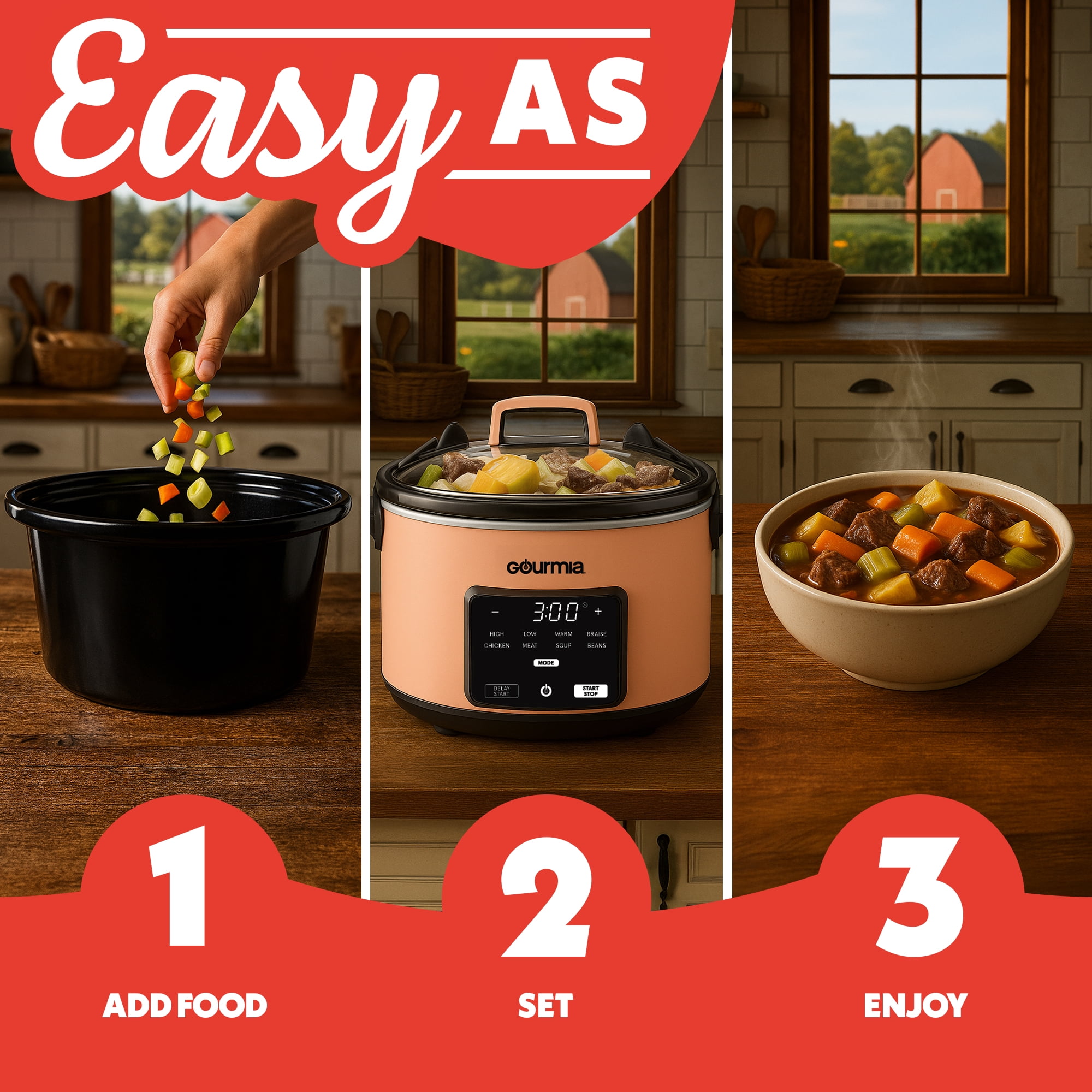 Gourmia 4.5 QT Programmable Slow Cooker, 5 Presets, Keep Warm, Peach