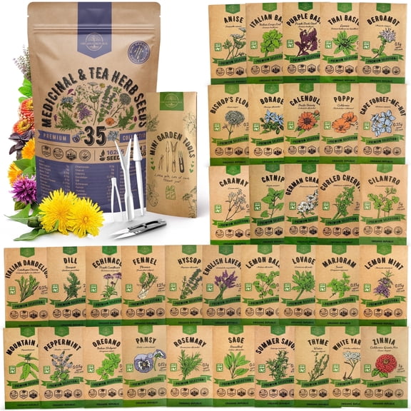 35 Medicinal & Tea Herb Seeds Variety Pack for Indoor Outdoors 16,335  Non-GMO Heirloom Garden Seeds