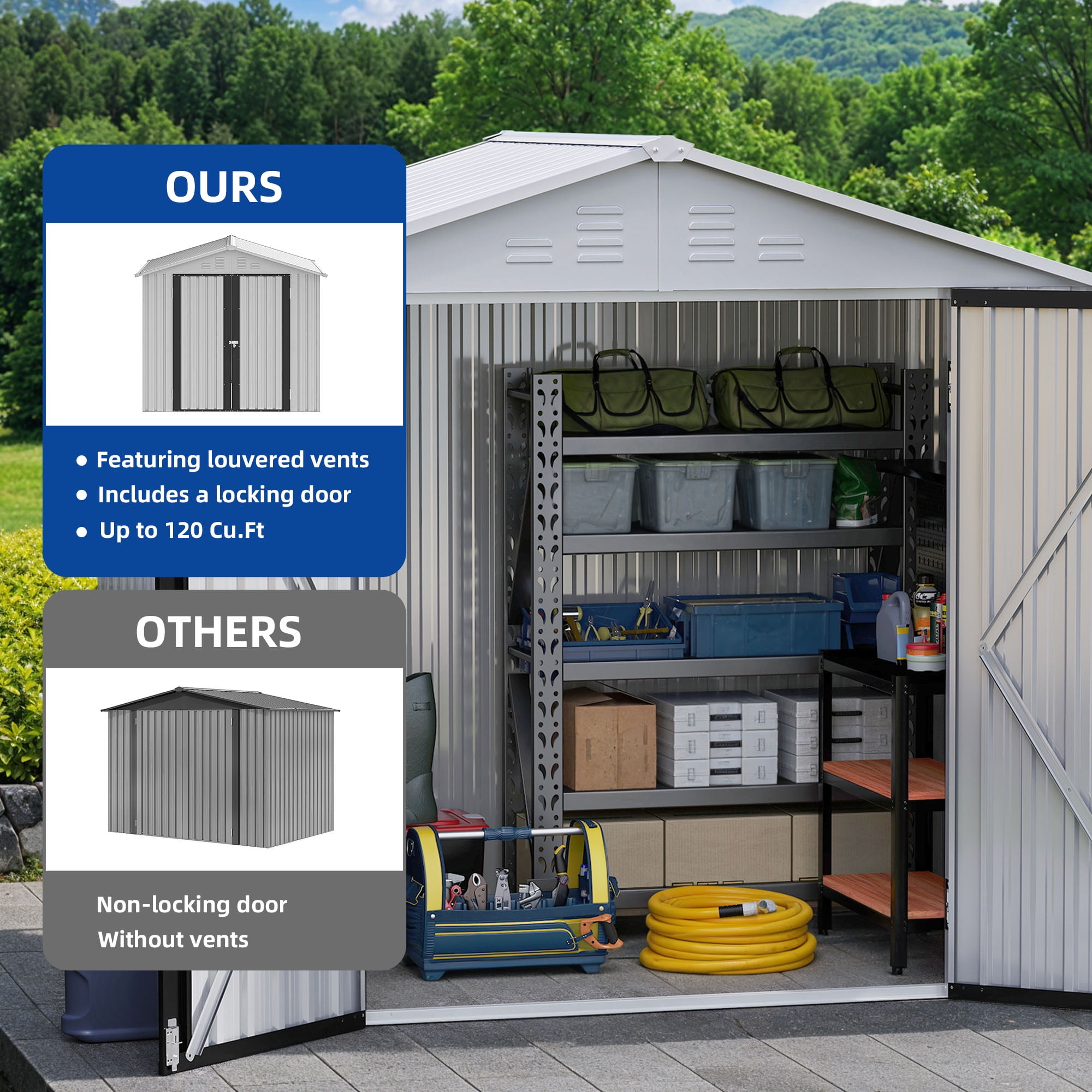 Uforic 6 Ft x 4 Ft Outdoor Tool Shed with Air Vents & Lockable Doors for Bikes & Tools, White