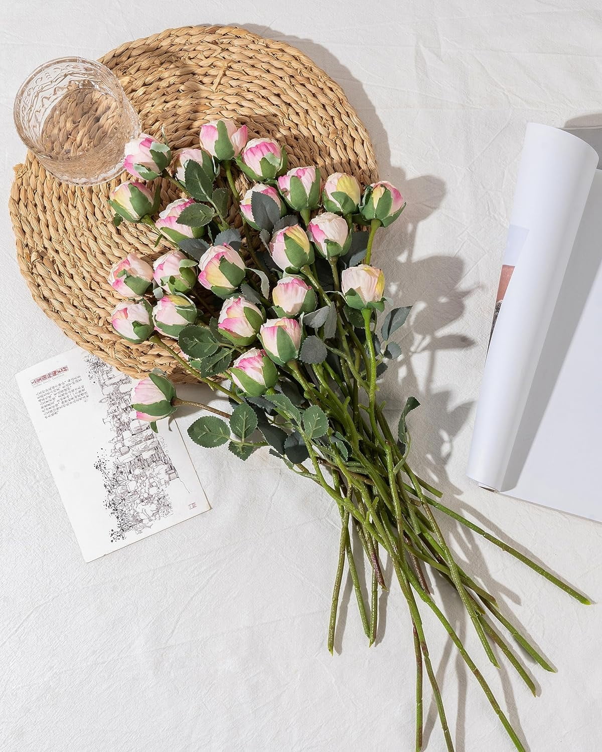 24pcs Artificial Vintage Roses Fake Silk Rose Flowers with Long Stem for DIY Bouquets Wedding Centerpiece Party Home Kitchen Decoration(Cream Pink)
