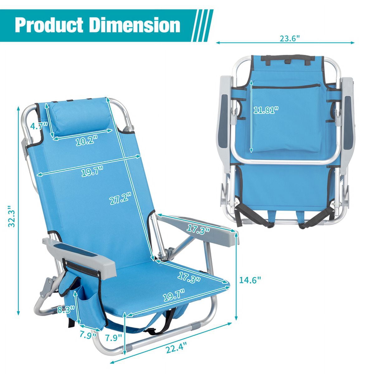 Short Oxford Cloth Silver White Aluminum Tube Bearing 100kg Beach Chair with Cup Holder Storage Pouches Blue