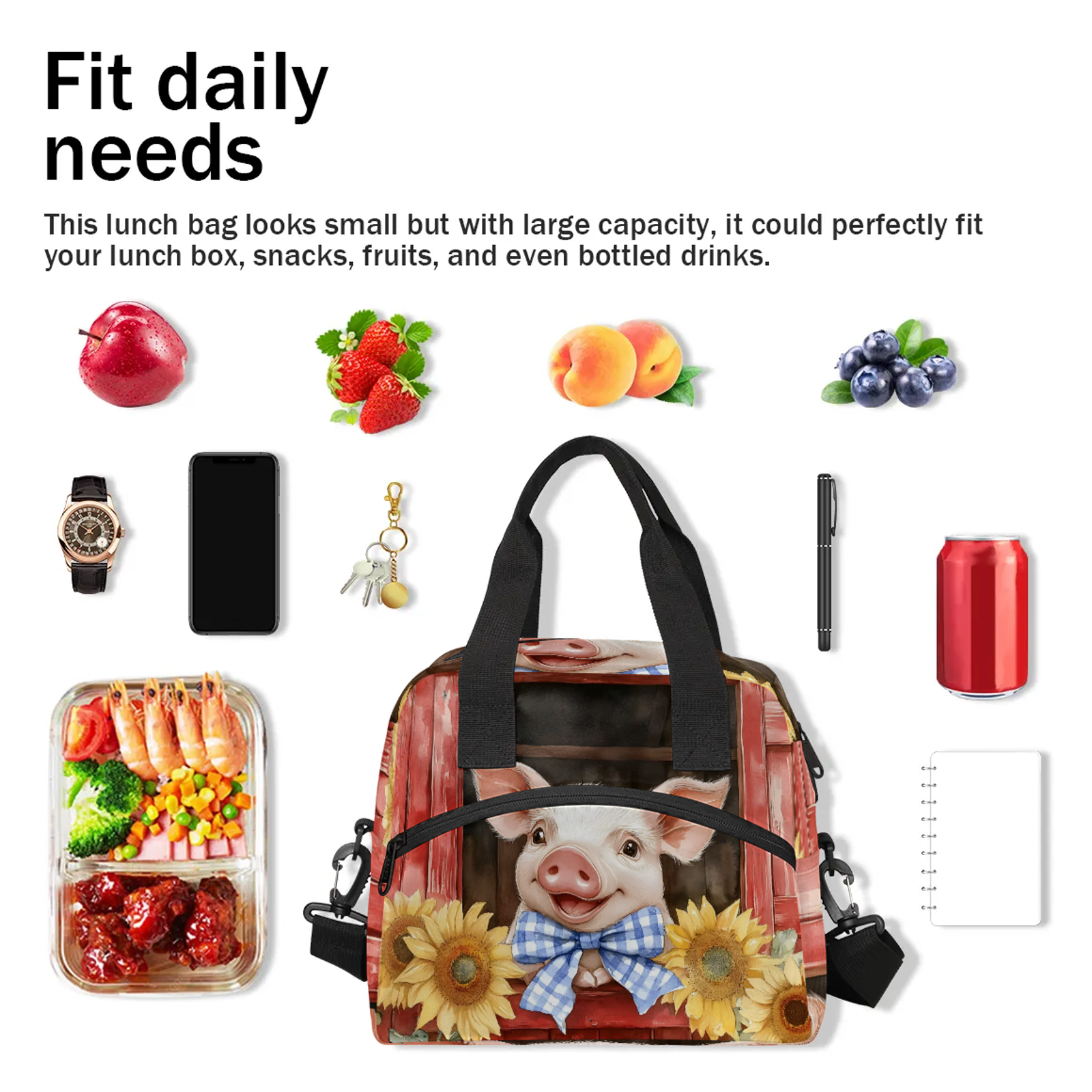 Herdesigns Pig Lunch Bag for Men Women Adults Funny Insulated Lunch Box Leakproof Cooler Tote Bag Organizer with Adjustable Shoulder Strap