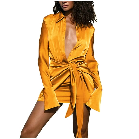 Women's Satin Silky Wrap Dress Button Down Deep V Neck Tie Waist Long Sleeve Bodycon Short Dress Club Party Dresses