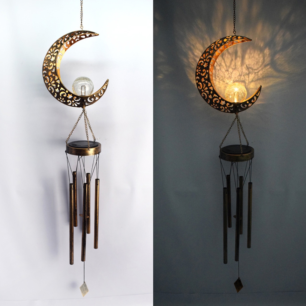 Elegant Solar Wrought Iron Hollow Moon Lamp Wind Chime Metal Multi-tube Hanging