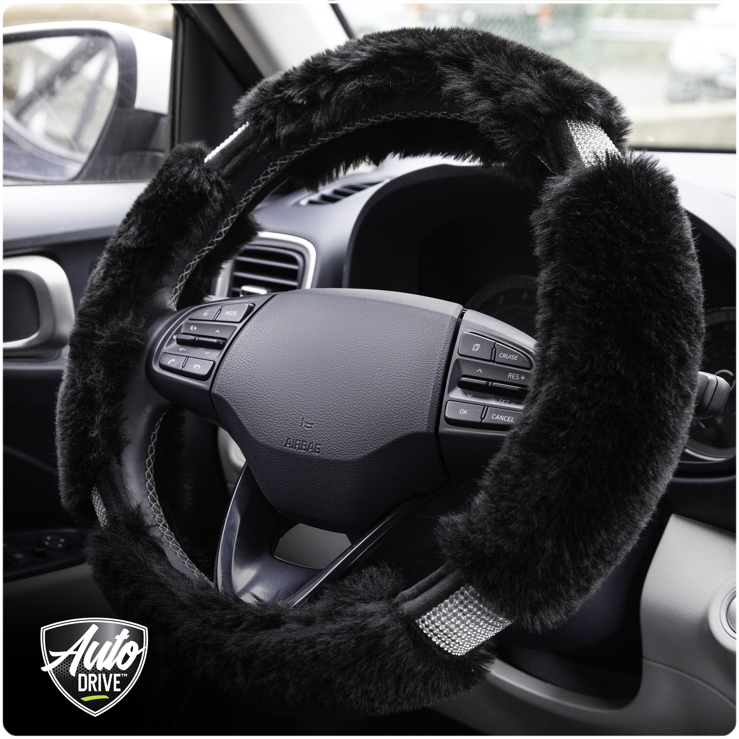 Auto Drive Black Fluffy Bling Faux Fur Steering Wheel Cover photo 5