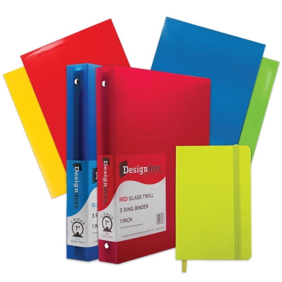 JAM School Assortment, Green, 7/Pack, 4 Glossy Folders, 2 1 Inch Binders & 1 Green Journal