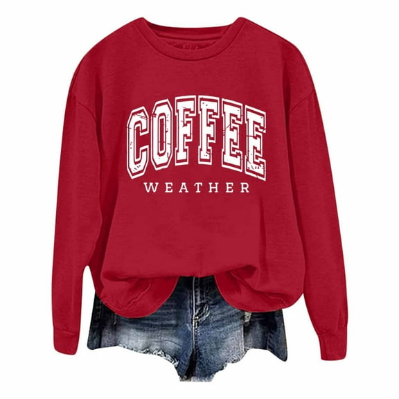UJNDER Women's Sweatshirt COFFEE WEATHER Letter Print Round Neck Pullover Long Sleeve Casual Fall Red M