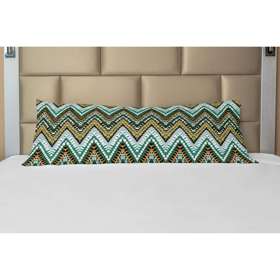 Ethnic Body Pillow Case Cover with Zipper, Striped Boho Pattern Motifs Zigzag Lines Brushstrokes and Splatters of Paint, Decorative Accent Long Pillowcase, Multicolor, by Ambesonne