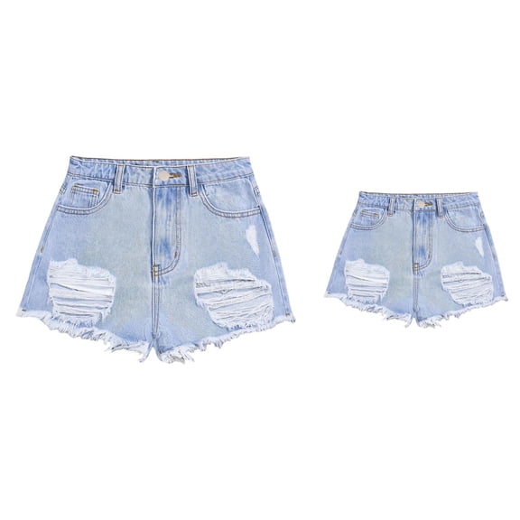 Girls Ripped Denim Shorts High Waist Straight Leg Summer Casual Distressed Hem Elastic Waist Teen Fashion