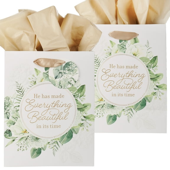 Christian Art Gifts Medium Portrait Inspirational Scripture Gift Bag, Tag & Wrapping Tissue Paper Set for Women: Everything Beautiful Bible Verse White/Green/Gold Floral Design, Satin Ribbon Handles