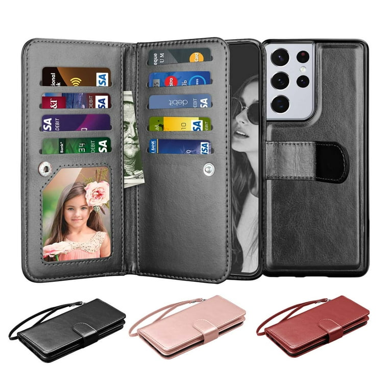 Galaxy S21 Case, Samsung Galaxy S21 5G Wallet Case, Njjex Luxury PU Leather  9 Card Slots Holder Carrying Folio Flip Cover [Detachable Magnetic Hard  Case] & Kickstand & Strap 